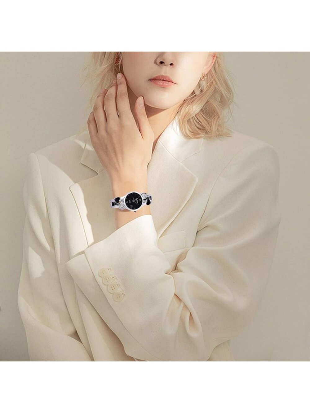 Women's Black Quartz with Rhinestone Round Dial Stainless Steel Band Cuff Watch - Picture 4 of 5